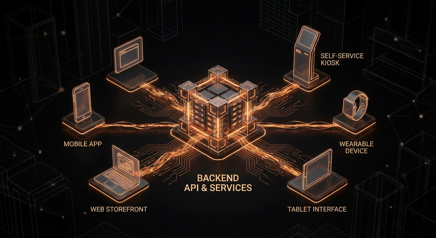 Headless commerce architecture diagram with frontend framework integrations