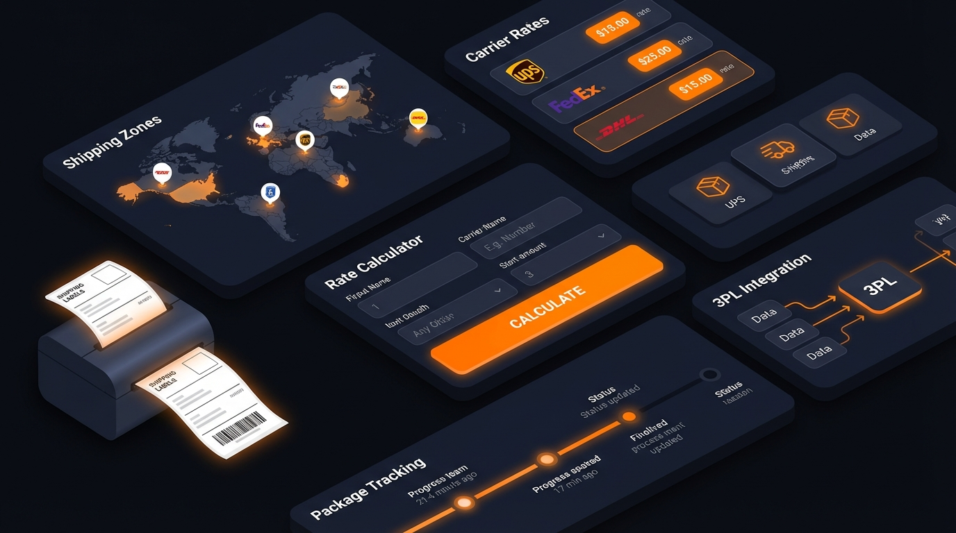 Shipping configuration dashboard with carrier rates and label printing